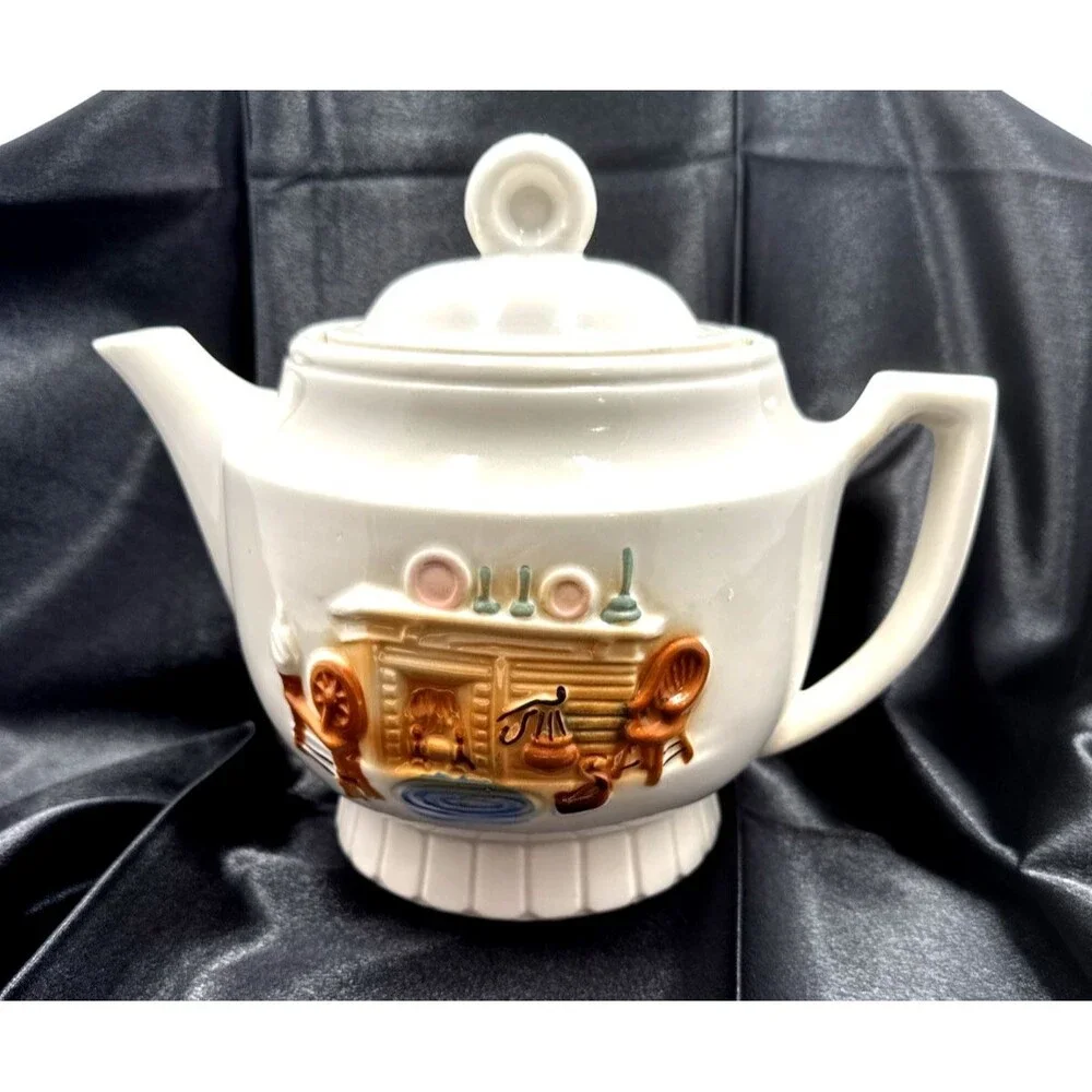 1930's Porcelier Vintage Ceramic Teapot Country Hearth Fireplace